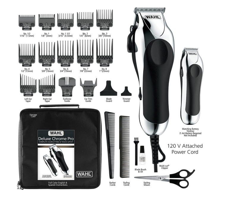 Wahl Clipper USA Deluxe Corded Chrome Pro, Complete Hair and Trimming Kit Model 79524-5201M