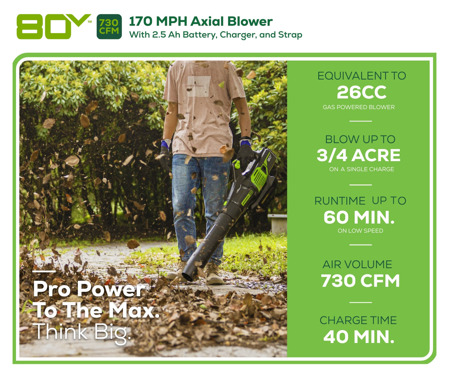 80V 730 CFM Cordless Battery Leaf Blower w/ 2.5Ah Battery & Rapid Charger