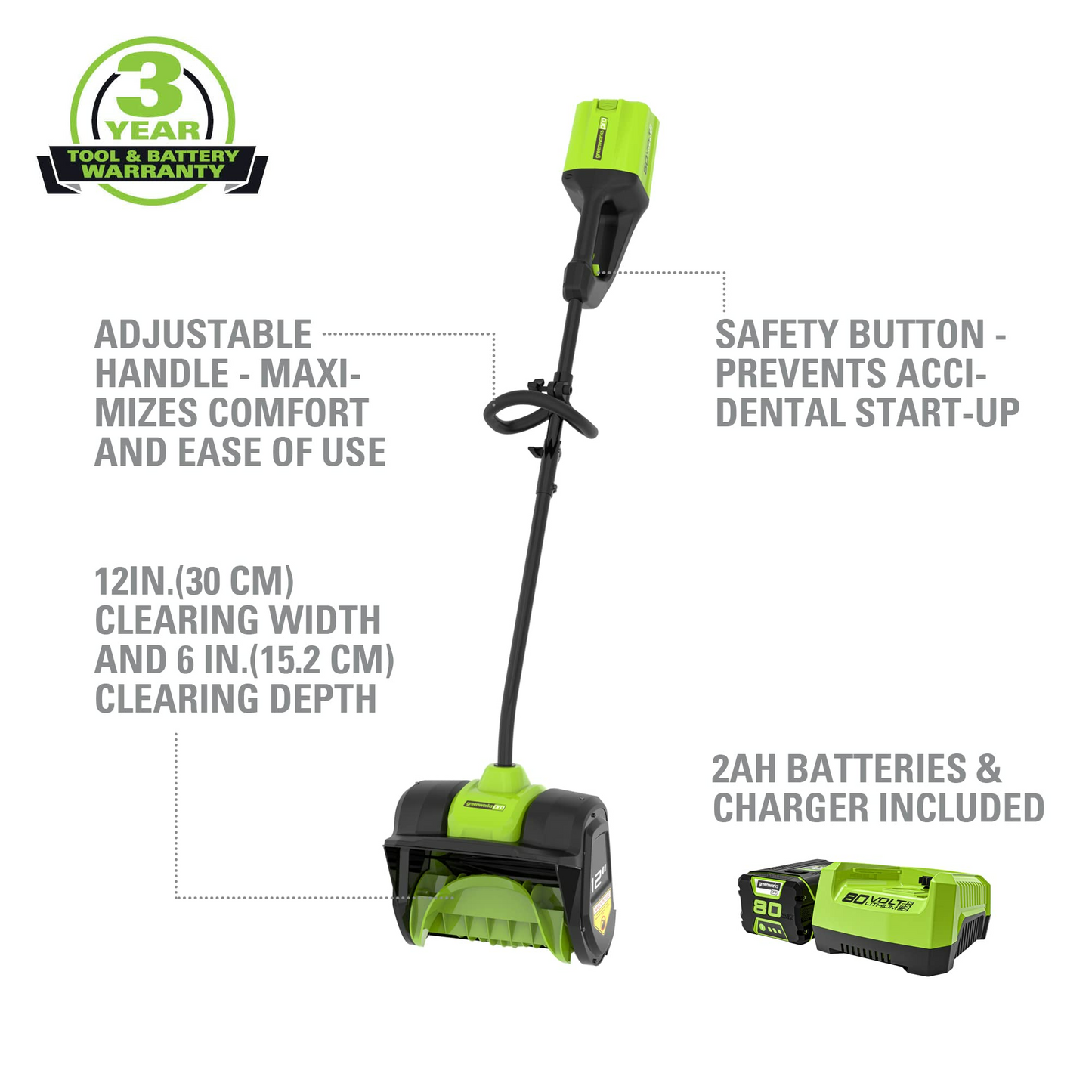 80V 12" Cordless Battery Snow Shovel w/ 2.0 Ah Battery & Charger